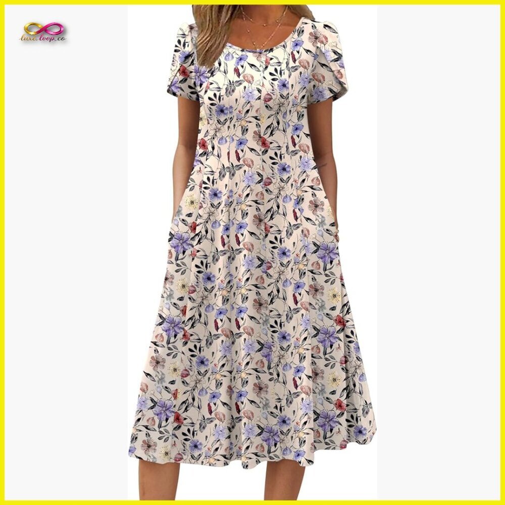 Flowy Midi Dress Short Sleeve Casual Summer A-Line Flare Loose Fit
